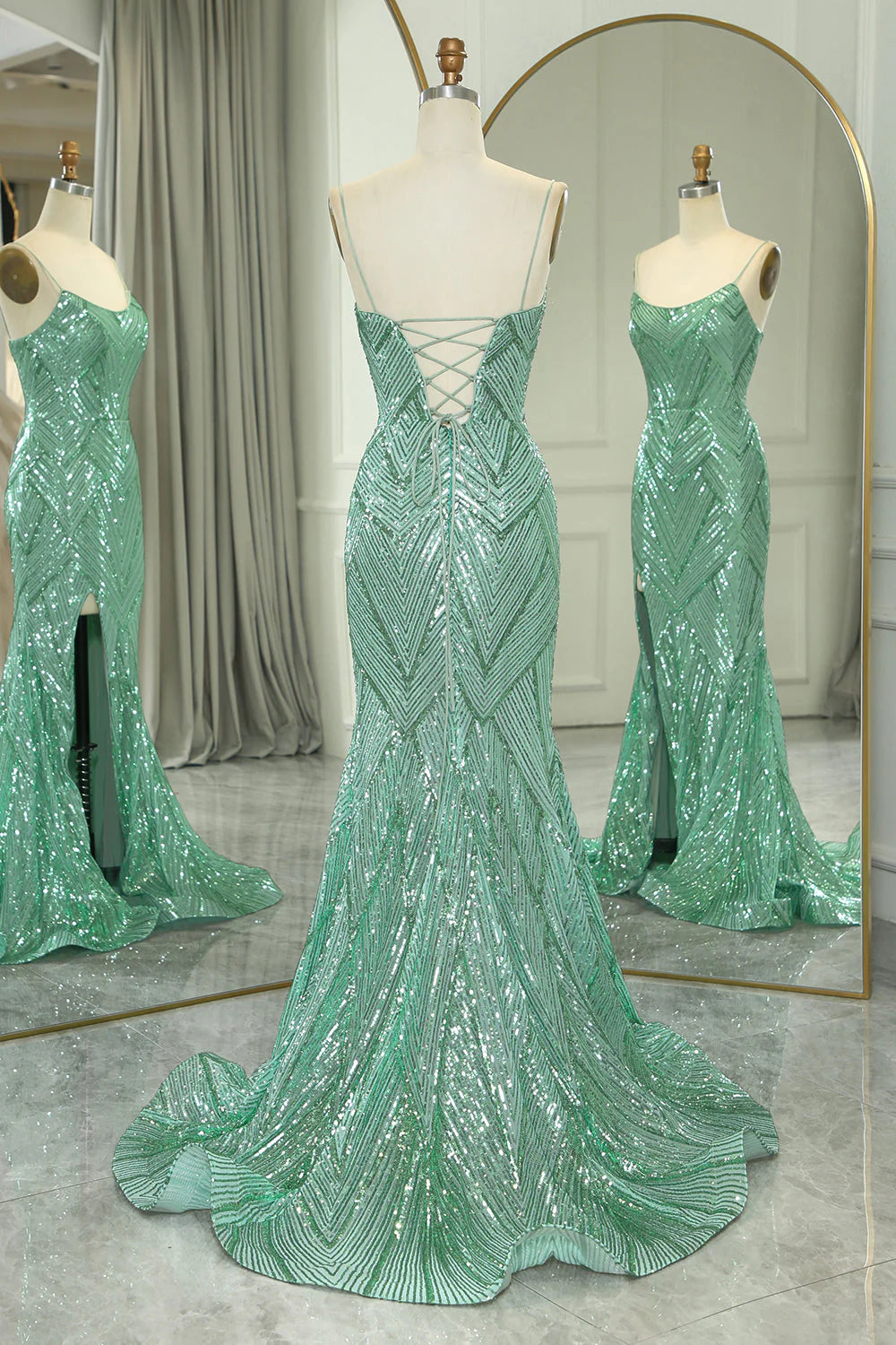Vestido de fiesta largo con tirantes finos de sirena verde brillante y abertura